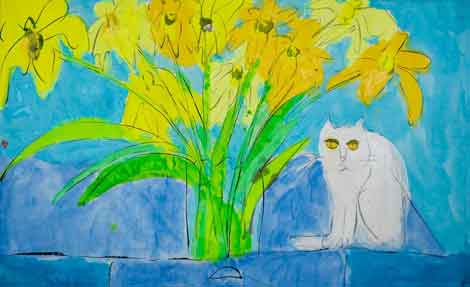Mischievous Cat and Yellow Flowers